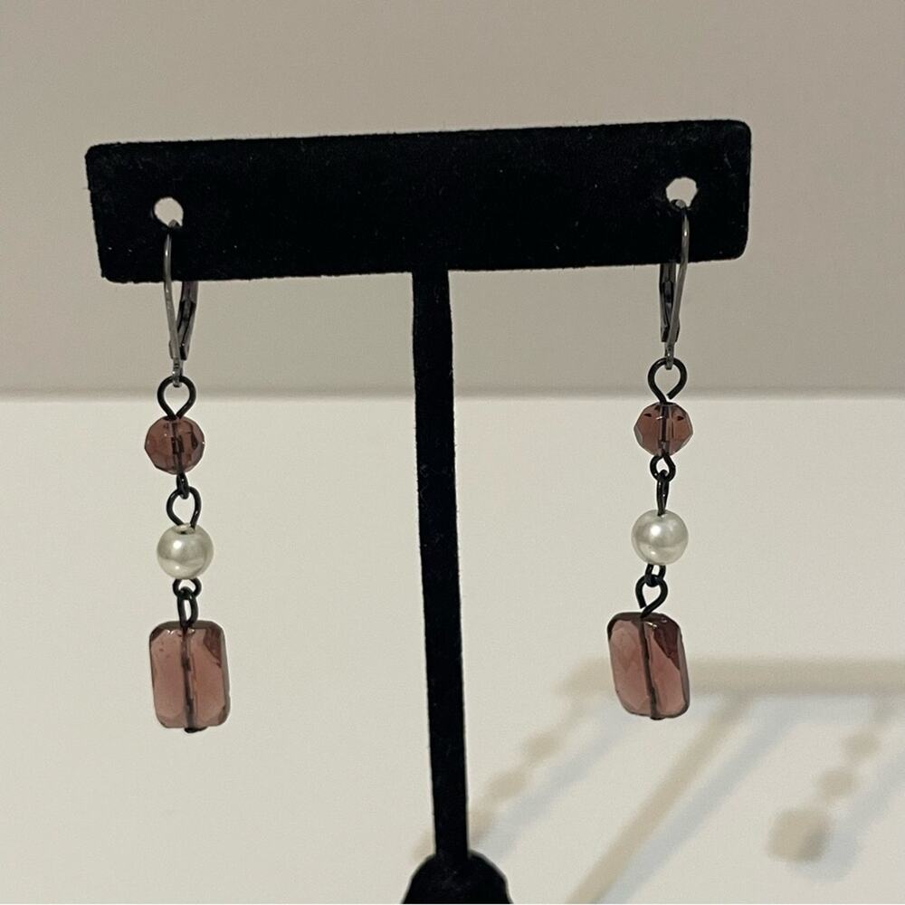 Mixit Drop Earrings Classic Dainty Beaded Pewter Silver Metal Pearl Purple
